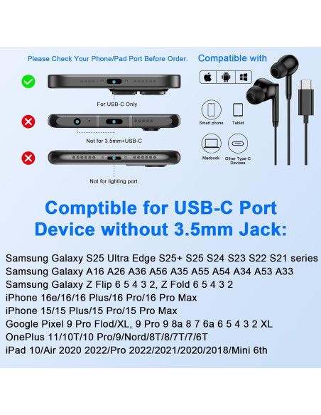 Auriculares In-Ear USB C Samsung A16 A17 A36 S25 Ultra 4 pies