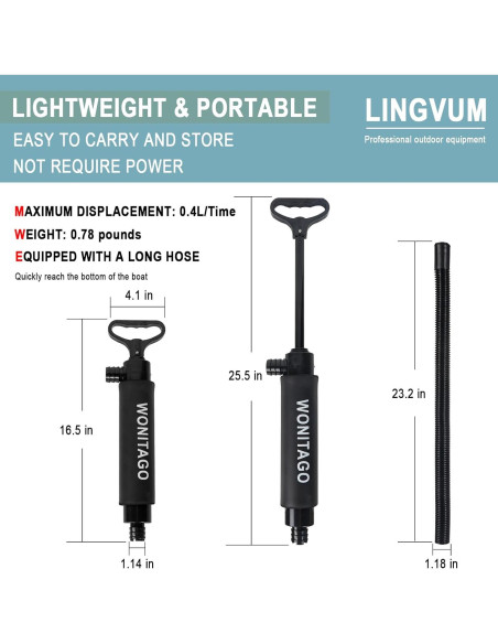 Bomba de Achique Manual LINGVUM 43 cm para Kayak y Barco
