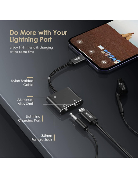 Adaptador de Audio y Carga MOOU para iPhone 2 en 1 Lightning