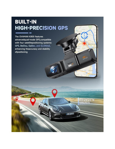 Cámara de Salpicadero 3 Canal OVAMAN K800 4K+1080P, WiFi GPS