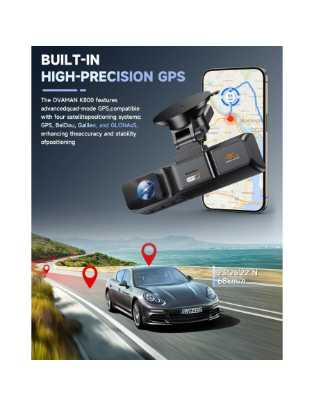 Cámara de Salpicadero 3 Canal OVAMAN K800 4K+1080P, WiFi GPS