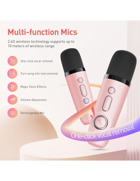 Mini Máquina de Karaoke Bluetooth Portátil con 2 Micrófonos Inalámbricos - P-Rosa