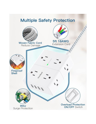 Regleta de Protección One Beat 8 Tomas 4 USB 1.83 m Montaje Pared