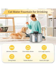 Fuente de Agua Inalámbrica VINGVO 3.2L Acero Inoxidable para Gatos y Perros 2
