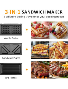 Prensa Eléctrica 3 en 1 Sunvivi, Waffle, Sándwich y Grill 750W 2