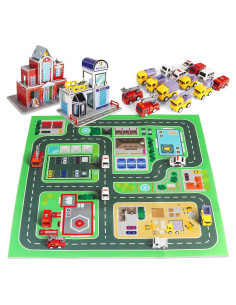 Juego de coches de juguete 14 piezas con tapete 80x80 cm