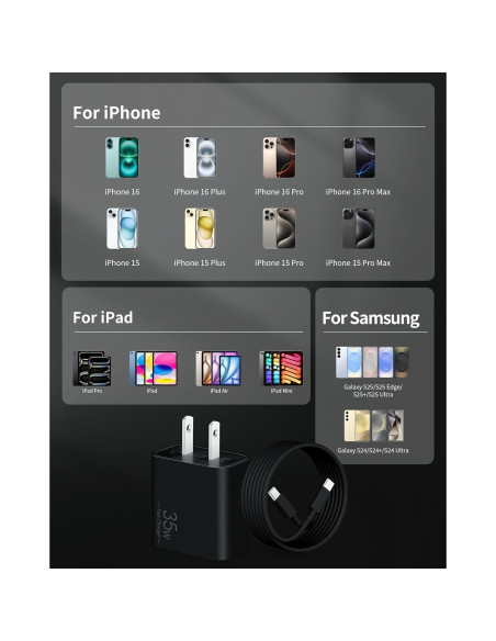 Cargador Rápido USB C 35W para iPhone 17 y iPad - 3FT