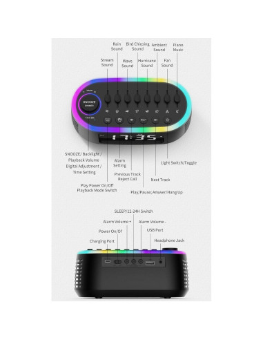 Altavoz Bluetooth CYBORIS T203 con Reloj Despertador y Luz RGB