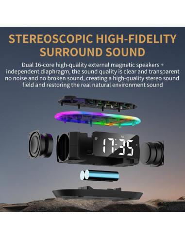 Altavoz Bluetooth CYBORIS T203 con Reloj Despertador y Luz RGB