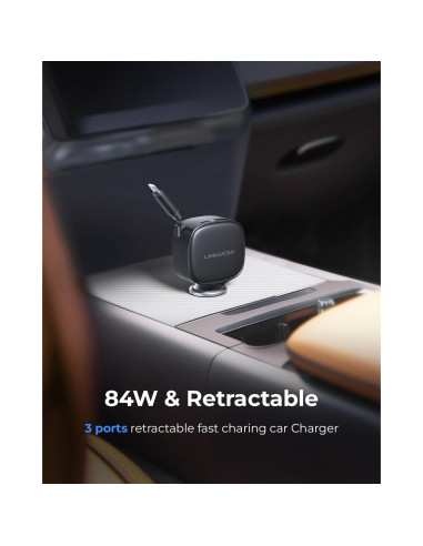 Cargador de Coche USB-C LINKWOW 84W Rápido con Cable Retráctil