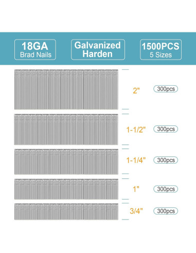Clavos Brad 18GA Galvanizados BaBaYang 1500PCS 5 Tamaños