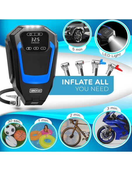 Compresor de Aire Portátil GERCHWAY TIPAC 12V - Inflador Digital 35L/min