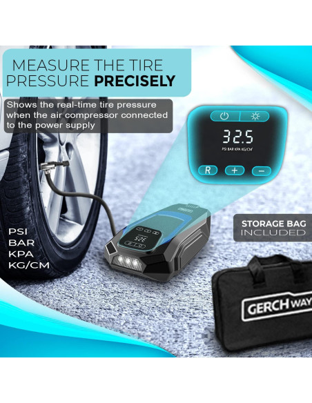 Compresor de Aire Portátil GERCHWAY TIPAC 12V - Inflador Digital 35L/min