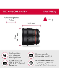 Lente Samyang 85mm T1.5 VDSLR II Micro Cuatro Tercios 2