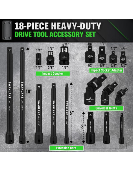 Juego de herramientas de 18 piezas SWANLAKE - Socket de impacto