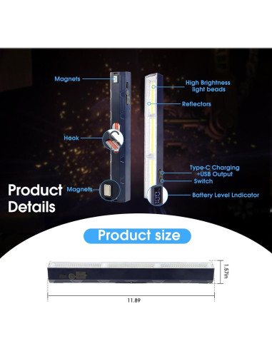 Barra de Luz Magnética Recargable 30 cm 5000mAh LED 6000 Lúmenes