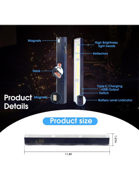 Barra de Luz Magnética Recargable 30 cm 5000mAh LED 6000 Lúmenes
