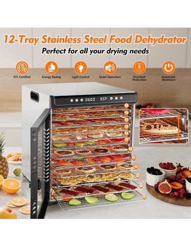 Deshidratador de Alimentos Amzgachfktch 12 Bandejas Acero Inoxidable 1300W