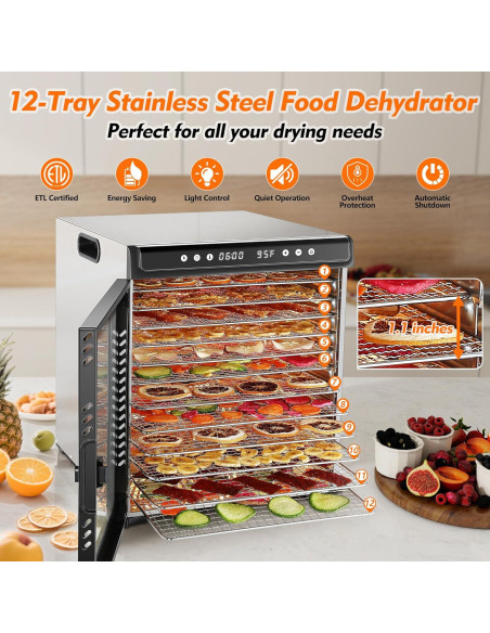 Deshidratador de Alimentos Amzgachfktch 12 Bandejas Acero Inoxidable 1300W