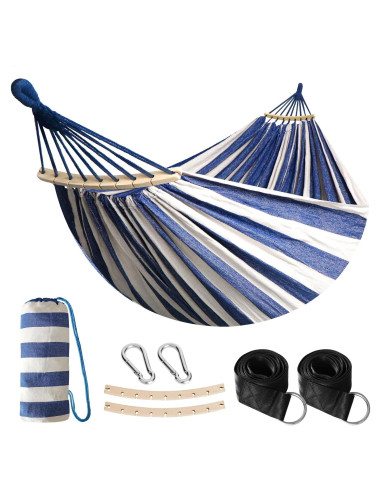 Hamaca de Algodón Anyoo Azul y Blanco con Barra Soporte 204kg