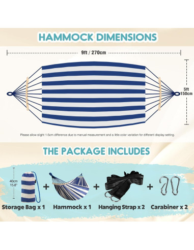 Hamaca de Algodón Anyoo Azul y Blanco con Barra Soporte 204kg