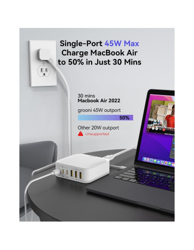 Cargador USB C Grooni XT-103, 130W 6 Puertos Rápidos