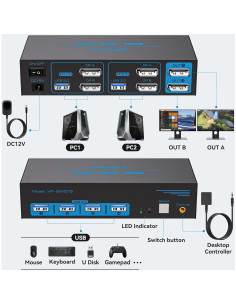 Conmutador KVM DisplayPort 4K 144Hz 2 PC 2 Monitores USB 3.0 2