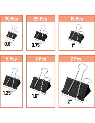 Clips de Encuadernación Mr. Pen, 120 Pcs, Negro, 6 Tamaños