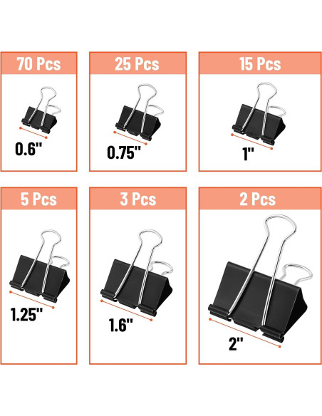 Clips de Encuadernación Mr. Pen, 120 Pcs, Negro, 6 Tamaños
