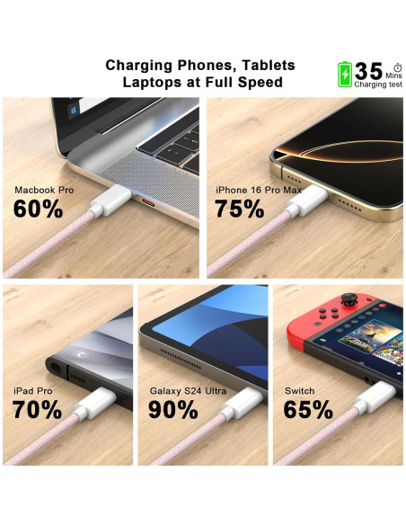 Cable de carga USB C a C 3M Kassdin 60W Rosa - 2 Pack Cable de carga USB C a C 3M Kassdin 60W Rosa - 2 Pack
