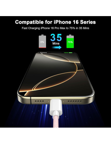 Cable de carga USB C a C 3M Kassdin 60W Rosa - 2 Pack