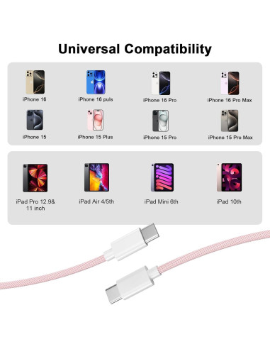 Cable de carga USB C a C 3M Kassdin 60W Rosa - 2 Pack