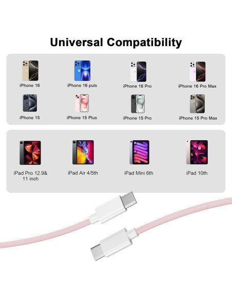 Cable de carga USB C a C 3M Kassdin 60W Rosa - 2 Pack Cable de carga USB C a C 3M Kassdin 60W Rosa - 2 Pack