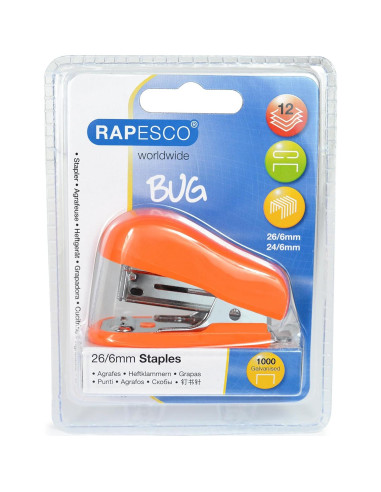 Grapadora Mini Rapesco 1410 Naranja 12 Hojas 1000 Grapas
