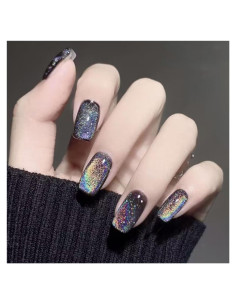 Uñas Postizas Medianas evpct Color Negro Chrome Efecto Ojo de Gato