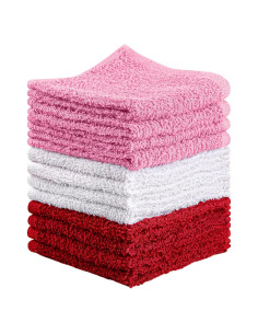 Juego de 12 Paños de Lavado 100% Algodón T & L - Rojo, Blanco y Rosa