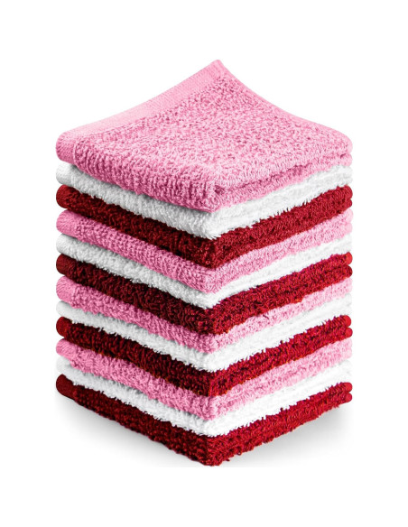Juego de 12 Paños de Lavado 100% Algodón T & L - Rojo, Blanco y Rosa
