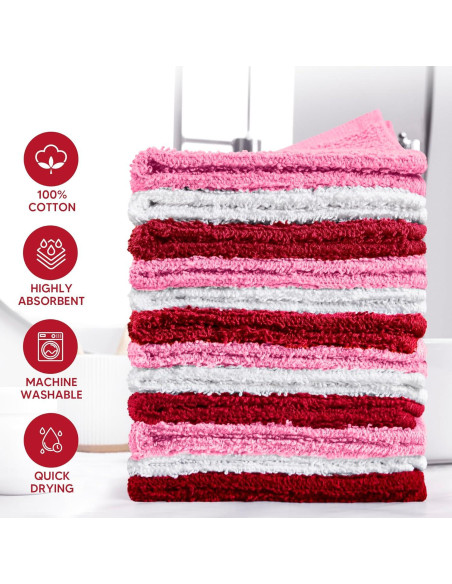 Juego de 12 Paños de Lavado 100% Algodón T & L - Rojo, Blanco y Rosa