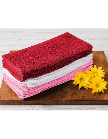 Juego de 12 Paños de Lavado 100% Algodón T & L - Rojo, Blanco y Rosa