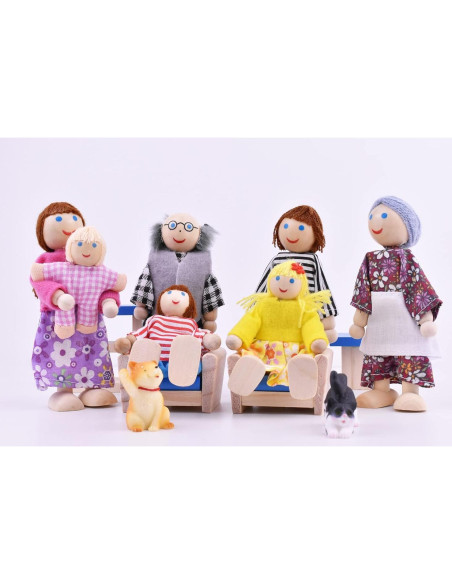 Familia de Muñecos de Madera Jzszera con Mascotas 5-10 cm