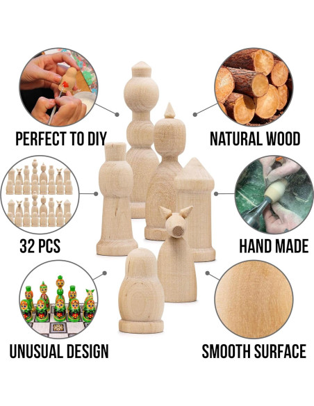 Juego de Ajedrez de Madera Sin Pintar AEVVV - 32 Piezas