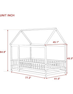 Cama de Piso Twin ASKVDL en Madera Rosa con Techo Casa 2