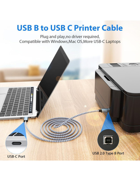 Cable de impresora USB B a C 2.0 AIAUXAI 2M Gris