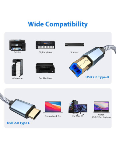 Cable de impresora USB B a C 2.0 AIAUXAI 2M Gris