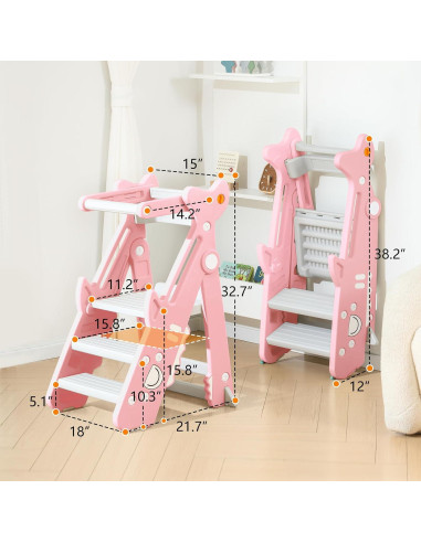 Escalera Plegable HAPPYMATY Rosa para Niños Ajustable 83 cm
