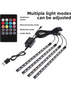 Luces LED Multicolor para Coche Moioee - Kit de 4 Tiras USB 2