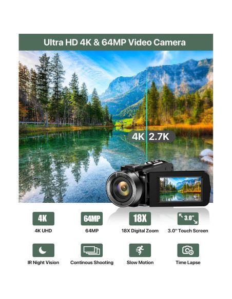 Cámara de Video 4K FJFJOPK HDV-3051L 64MP Zoom 18X Cámara de Video 4K FJFJOPK HDV-3051L 64MP Zoom 18X