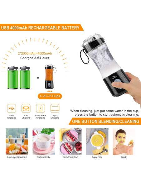Licuadora Portátil Vaeqozva A9 380ml USB 20,000 RPM Negra