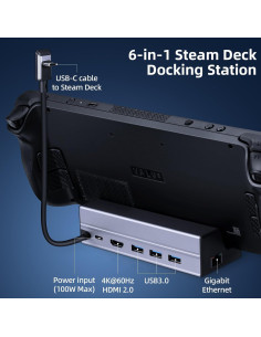 Dock 6-en-1 Feylan para Steam Deck y ROG Ally - HDMI 4K, USB-C 100W 2