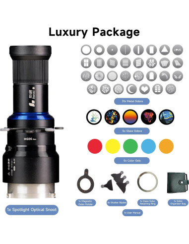 Kit de Fotografía Snoot Óptico Bussi con 35 Gobos y Soporte